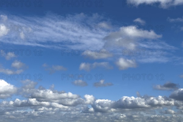 Almost overcast sky with clouds cloud field Cumulus right above Stratocumulus above in the background Cirrus Cirrus clouds above slightly cloudy against blue sky, international