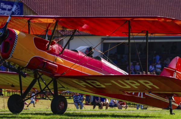 A Stampe-Vertongen SV-4A double-decker registered with HB-UPR during a flight demonstration as part of an air show on Rossfeld in Metzingen-Glems, Baden-Württemberg, Germany, for editorial use only