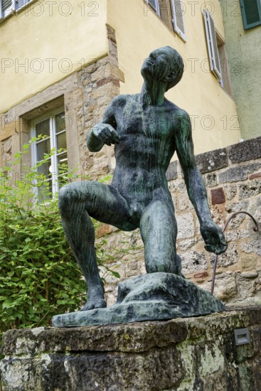 Statue at the Hölderlin Tower, the poet Johann Christian Friedrich Hölderlin lived in the tower room, old town of Tübingen, Baden-Württemberg, Germany