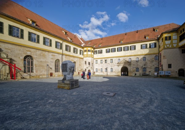 Courtyard with monumental portrait of Roman Emperor Augustus, Hohentübingen Castle, Tübingen, Baden-Württemberg, Germany