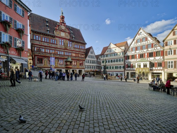 Market square with town hall and Neptune fountain with Neptune and trident from the Renaissance, Tübingen, Baden-Württemberg, Germany