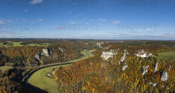 Aerial view, panorama, Upper Danube Valley surrounded by autumn vegetation, Wildenstein Castle on the right, Sigmaringen district, Baden-Württemberg, Germany