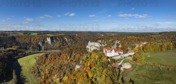 Aerial view, panorama of Wildenstein Castle near Leibertingen, surrounded by autumn vegetation, Upper Danube Valley, Sigmaringen district, Baden-Württemberg, Germany