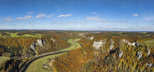 Aerial view, panorama, Upper Danube Valley, surrounded by autumn vegetation, Wildenstein Castle near Leibertingen, Sigmaringen district, Baden-Württemberg, Germany
