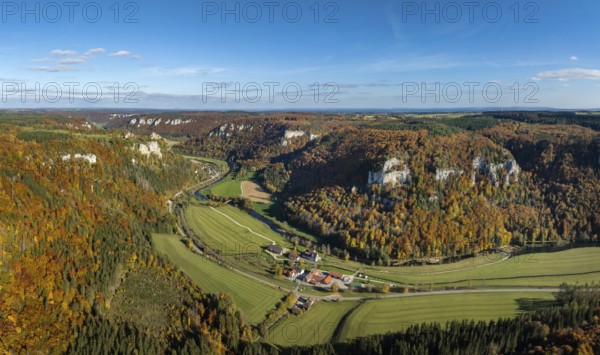 Aerial view, panorama, Upper Danube Valley, surrounded by autumn vegetation, on the horizon Werenwag Castle, Sigmaringen district, Baden-Württemberg, Germany