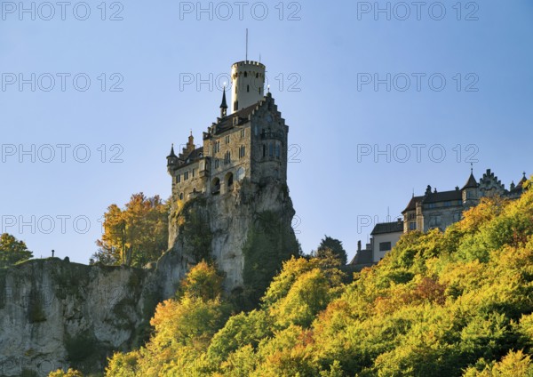 Lichtenstein Castle, also known as Württemberg's fairytale castle, built in the style of historicism, Lichtenstein, Swabian Jura, Baden-Württemberg, Germany