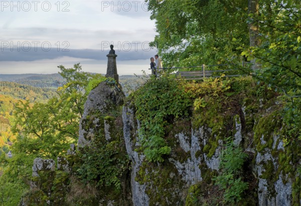 Wilhelm Hauff Memorial, memorial stone for Wilhelm Hauff, Romantic writer and fairy tale poet, Lichtenstein Castle, also known as Württemberg's fairytale castle, built in the style of historicism, Lichtenstein, Swabian Jura, Baden-Württemberg, Germany