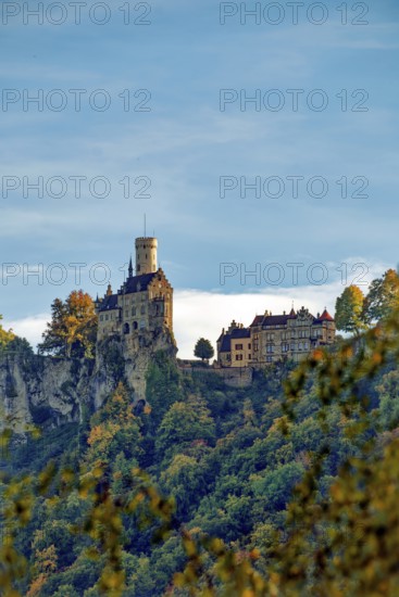 Lichtenstein Castle, also known as Württemberg's fairytale castle, built in the style of historicism, dusk, Lichtenstein, Swabian Jura, Baden-Württemberg, Germany