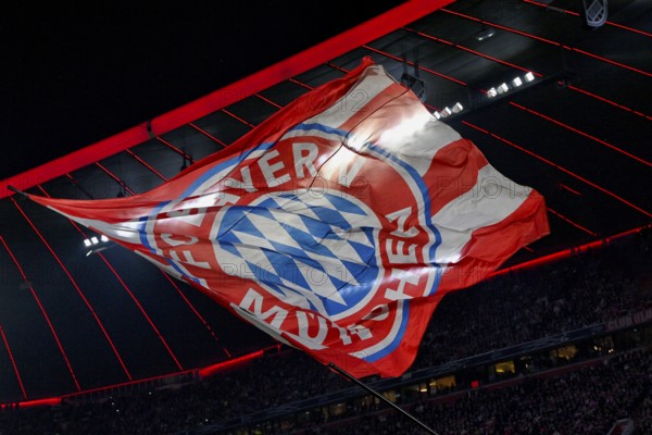 Flag, flying under stadium roof, logo FC Bayern Munich, FCB, Champions League, Allianz Arena, Munich, Bayern, Germany
