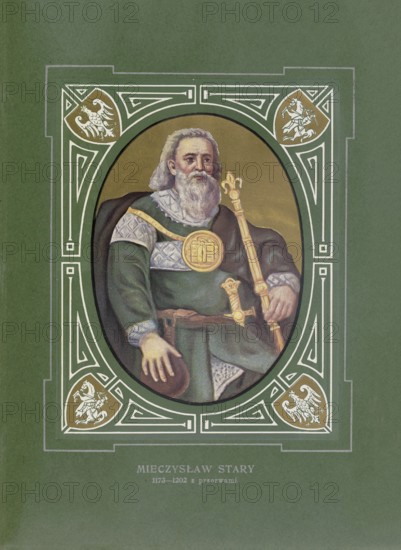 Mieszko the Old, Mieszko III. Stary, (born 1126, died March 13, 1202 in Kalisz) was Duke of Greater Poland from 1138 to 1177/79 and from 1181/82 to 1202, and 1173 - 1177 and 1198 - 1202 as Mieszko III Senior Duke of Poland, illustration, reproduction of a model from the 19th century. Authentic, file restored for optimal use, exact date of original unknown