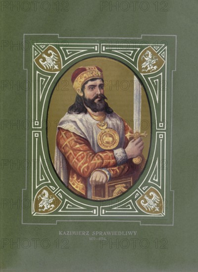 Casimir the Just, Kazimierz II Sprawiedliwy, Kazimirus, (born 1138, died May 5 1194 in Krakow) was duke of Malopolska in Wislica from 1166 to 1173, from 1173 duke of Malopolska in Sandomir, from 1177, as Casimir II, duke of Malopolska in Krakow and thus senior duke of Poland, and from 1186 also Duke in Mazovia and Kujavia, illustration, reproduction from a 19th century model. Authentic, file restored for optimal use, exact date of original unknown