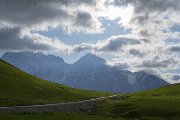 Mountain panorama with green hills and passing clouds, Zagari Pass, Svaneti, Greater Caucasus, High Caucasus, Georgia