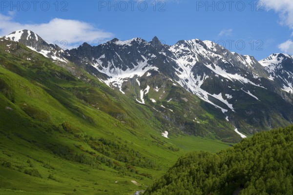 Snow-capped mountains under blue sky surrounded by forests, Zagari Pass, Svaneti, Greater Caucasus, High Caucasus, Georgia