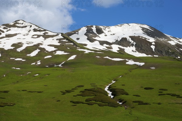Grassy slopes with snowy peaks under blue sky, Zagari Pass, Svaneti, Svaneti, Greater Caucasus, High Caucasus, Georgia
