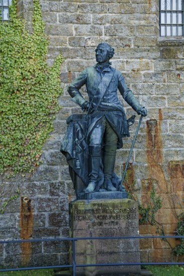 Bronze statue of Frederick II the Great. King of Prussia, Hohenzollern Castle, ancestral home of the House of Hohenzollern, noble family, German emperors, Bisingen, Baden-Württemberg, Germany