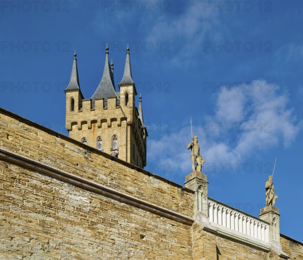 Eagle Tower and part of the fortification, Hohenzollern Castle, ancestral home of the House of Hohenzollern, noble family, German emperors, Bisingen, Baden-Württemberg, Germany
