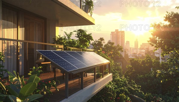 Sunlight Glinting Off Solar Panels on Contemporary Apartment Balcony, energy solution, concept of sustainable energy and environment protection, AI generated