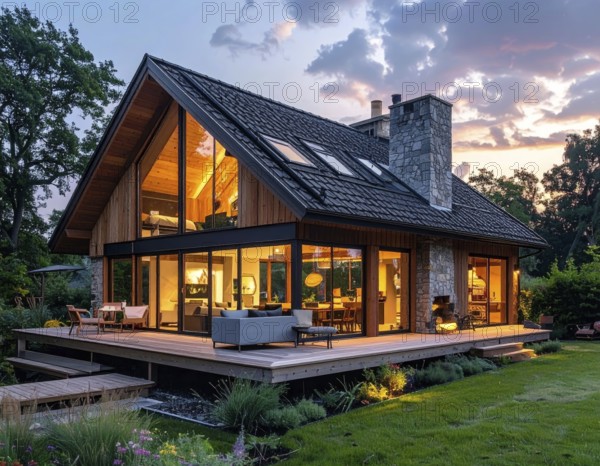 Modern Extension on a Traditional Cottage with Glass and Wood Architecture, green garden with plants and trees in the wilderness, evening soft twilight, on a clear sky, lights insight, AI generated