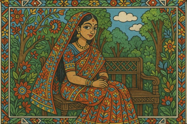 This colorful illustration depicts a woman in a sari, enjoying a peaceful moment in a lush garden setting, AI generated