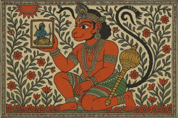This colorful artwork depicts the Hindu deity Hanuman with a portrait of Rama, showcasing traditional Indian art, AI generated