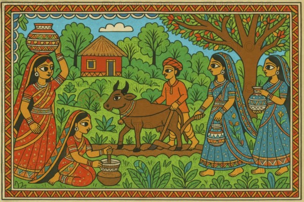 This vibrant artwork depicts traditional Indian village life, showcasing farming and daily activities, AI generated
