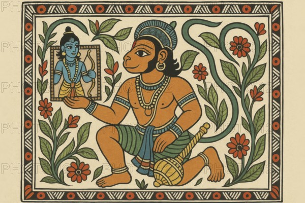 This vibrant artwork depicts Hanuman, a central figure in the Hindu epic Ramayana, with intricate floral details, AI generated