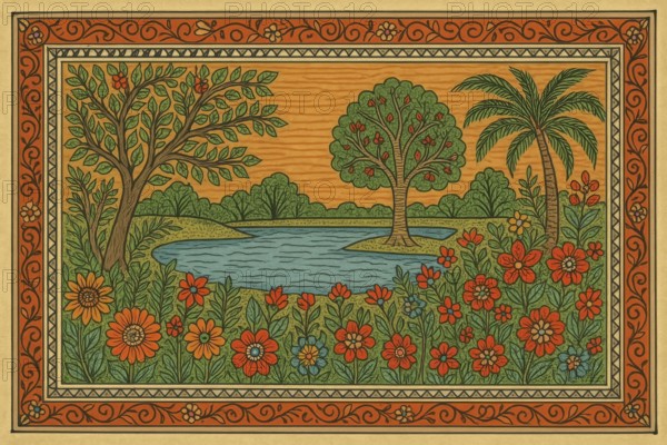 This colorful artwork depicts a peaceful scene with lush vegetation and a calm body of water, evoking a sense of tranquility, AI generated