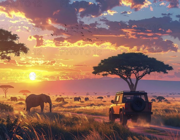 African savannah sunrise with a jeep safari and elephants, AI generated