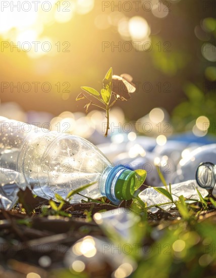 Crushed plastic water bottle waste in a wild landscape, symbol for nature protection, waste avoidance, recycling and ecology concepts on earth environment, AI generated