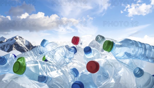 Crushed plastic water bottle waste in a wild landscape, symbol for nature protection, waste avoidance, recycling and ecology concepts on earth environment, AI generated