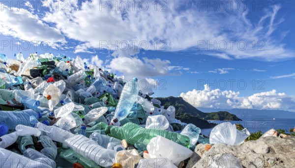 Crushed plastic water bottle waste in a wild landscape, symbol for nature protection, waste avoidance, recycling and ecology concepts on earth environment, AI generated