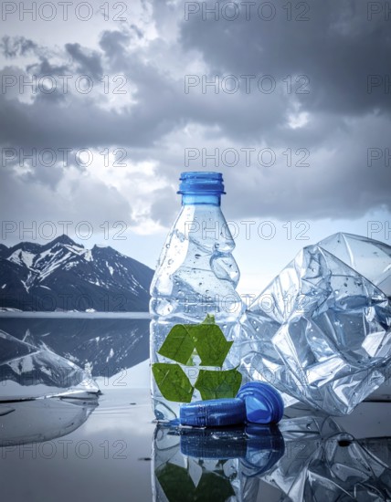 Crushed plastic water bottle waste in a wild landscape, symbol for nature protection, waste avoidance, recycling and ecology concepts on earth environment, AI generated