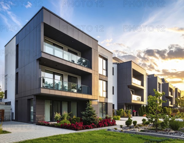 New modern block of flat, condo architecture, Residential apartment as a flat, luxury house complex, City real estate property, green garden plants in front, clear blue sky with golden evening light, AI generated