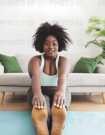 A woman is doing yoga on a mat in front of a couch. She is wearing a tank top and gray pants, AI generated