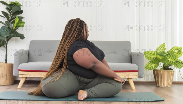 A woman is sitting on a mat in a living room. She is wearing a black shirt and green pants, AI generated