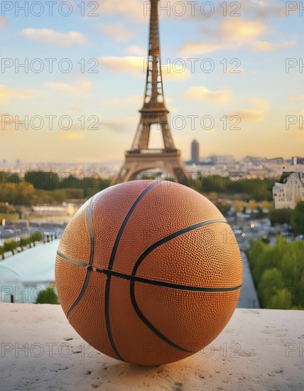 Sports of the Olympic Games. Basketball. A close-up of a basketball placed on a ledge with the iconic Eiffel Tower in the background during sunset, Paris, AI generated