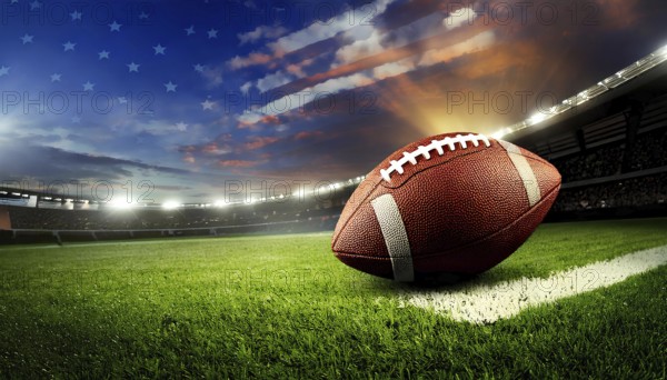 American football ball resting on a vibrant green field, illuminated by stadium lights, ready for the super bowl kickoff, AI generated