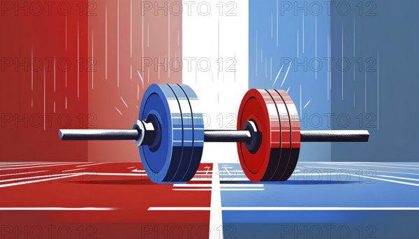 Two dumbbells are shown in a red, white, and blue color scheme. The dumbbells are positioned in a way that they appear to be in a tug of war, with one on the left and one on the right. paris 2024 olympic games, AI generated
