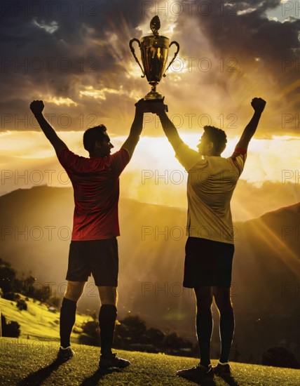 Two men are holding a trophy in the air, celebrating their victory. The sun is setting in the background, casting a warm glow over the scene. Scene is triumphant and joyful, AI generated