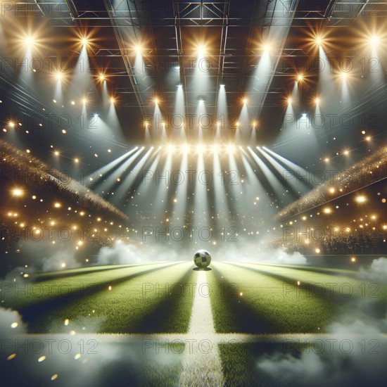 A soccer ball in the spotlight at a stadium, with a vibrant crowd and dynamic lighting, AI generated
