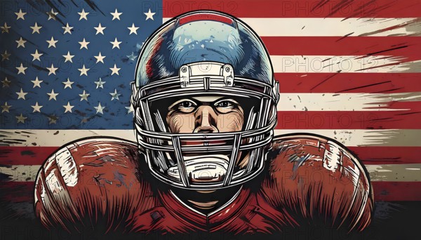 Powerful illustration of an american football player, ready for the super bowl, with the usa flag in the background, AI generated