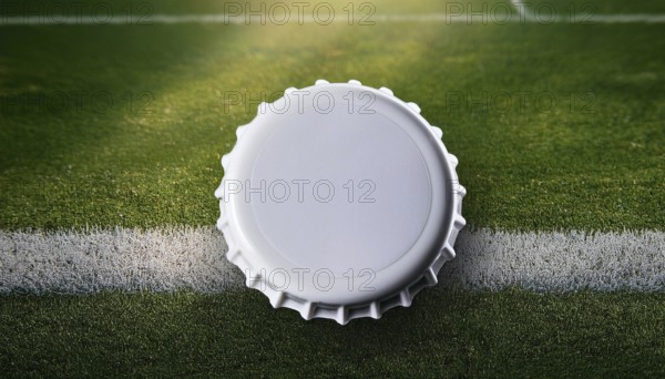 A white bottle cap placed on a soccer field's grass near a white line, symbolizing sports, beverages, and leisure activities in an outdoor setting, AI generated