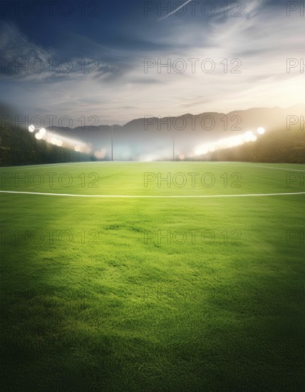 A soccer field with a bright green grass and a cloudy sky. The field is empty and the only light source is the sun, AI generated