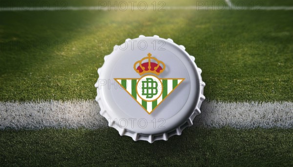 Bottle cap featuring the Real Betis logo placed on a football field, representing team pride and passion for the sport in a creative and unique way, AI generated