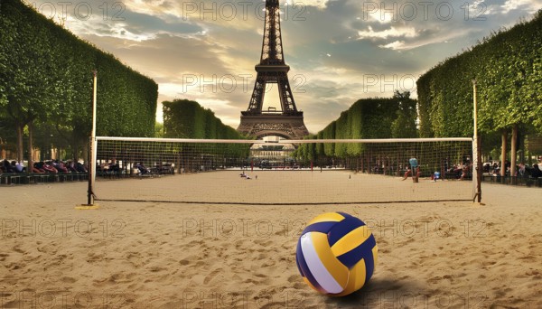 A volleyball court set up near the Eiffel Tower, highlighting the excitement and preparation for the Paris 2024 Olympics, AI generated