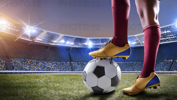 A soccer player stands on a soccer ball in a stadium. The stadium is lit up and the player is wearing red and yellow, AI generated