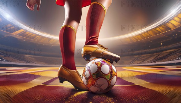 A soccer player is standing on a soccer ball in a stadium. Concept of excitement and anticipation for a game, AI generated