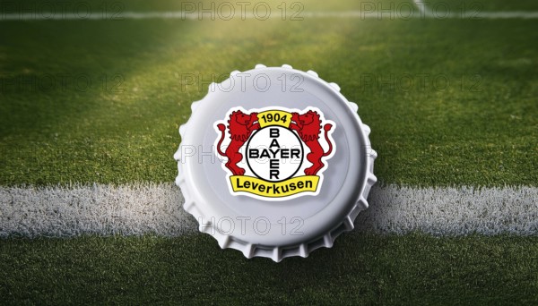 Bottle cap featuring the Bayer Leverkusen logo placed on a football field, representing team pride and passion for the sport in a creative and unique way, AI generated