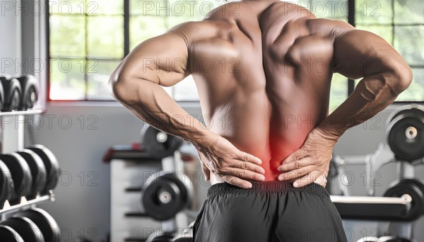 A man with a back injury is in a gym. He is wearing black shorts and a shirt, AI generated