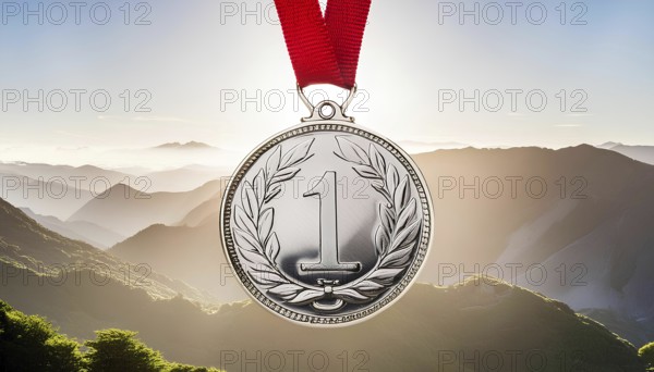 A silver medal with a red ribbon and the number 1 on it. The medal is surrounded by mountains and the sky, AI generated